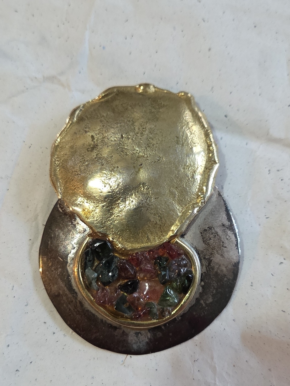 Vintage Artisan Lilo Handcrafted Sterling/Brass Multicolor Stone Inlay Brooch